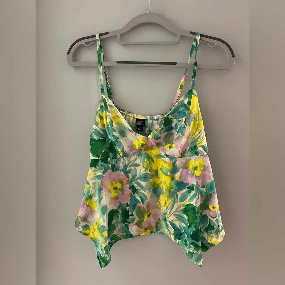 Wild Fable Women's Satin Handkerchief Hem Tank Top in Lime Green Floral